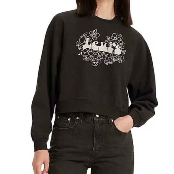 Vintage Levis Sweater Womens Small Black Cropped Logo Pullover Ladies Size M - Picture 1 of 8